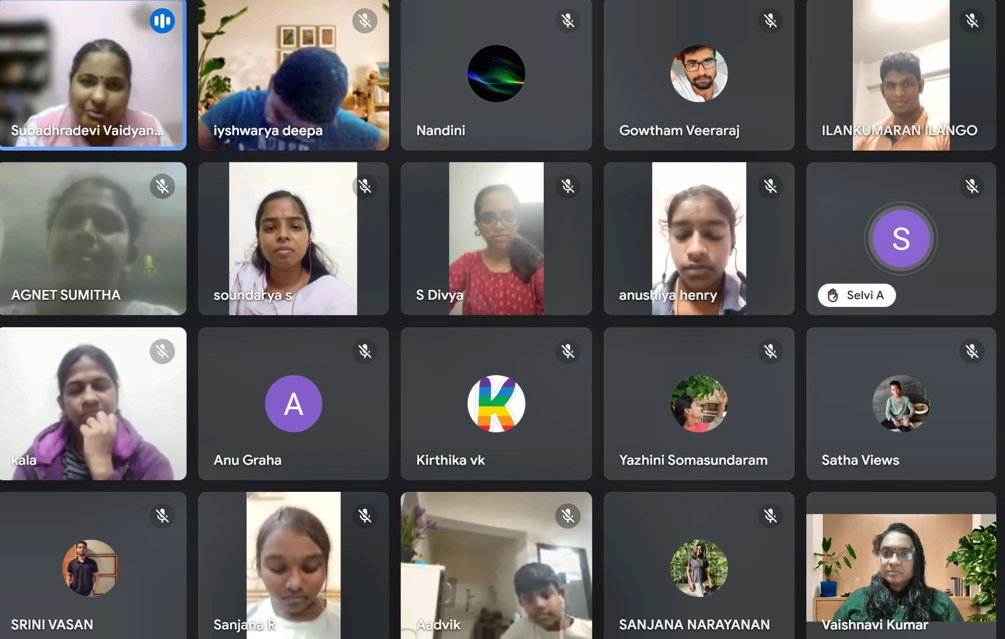 Grid view of an online class with twenty participants on camera